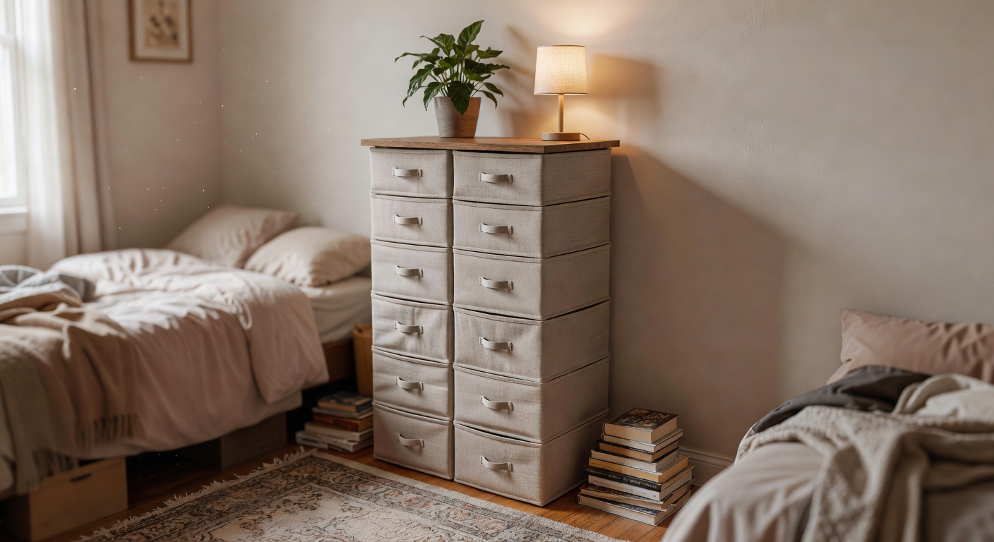 WLIVE 11-drawer fabric dresser tower against a bedroom wall with top surface holding a lamp and small plant