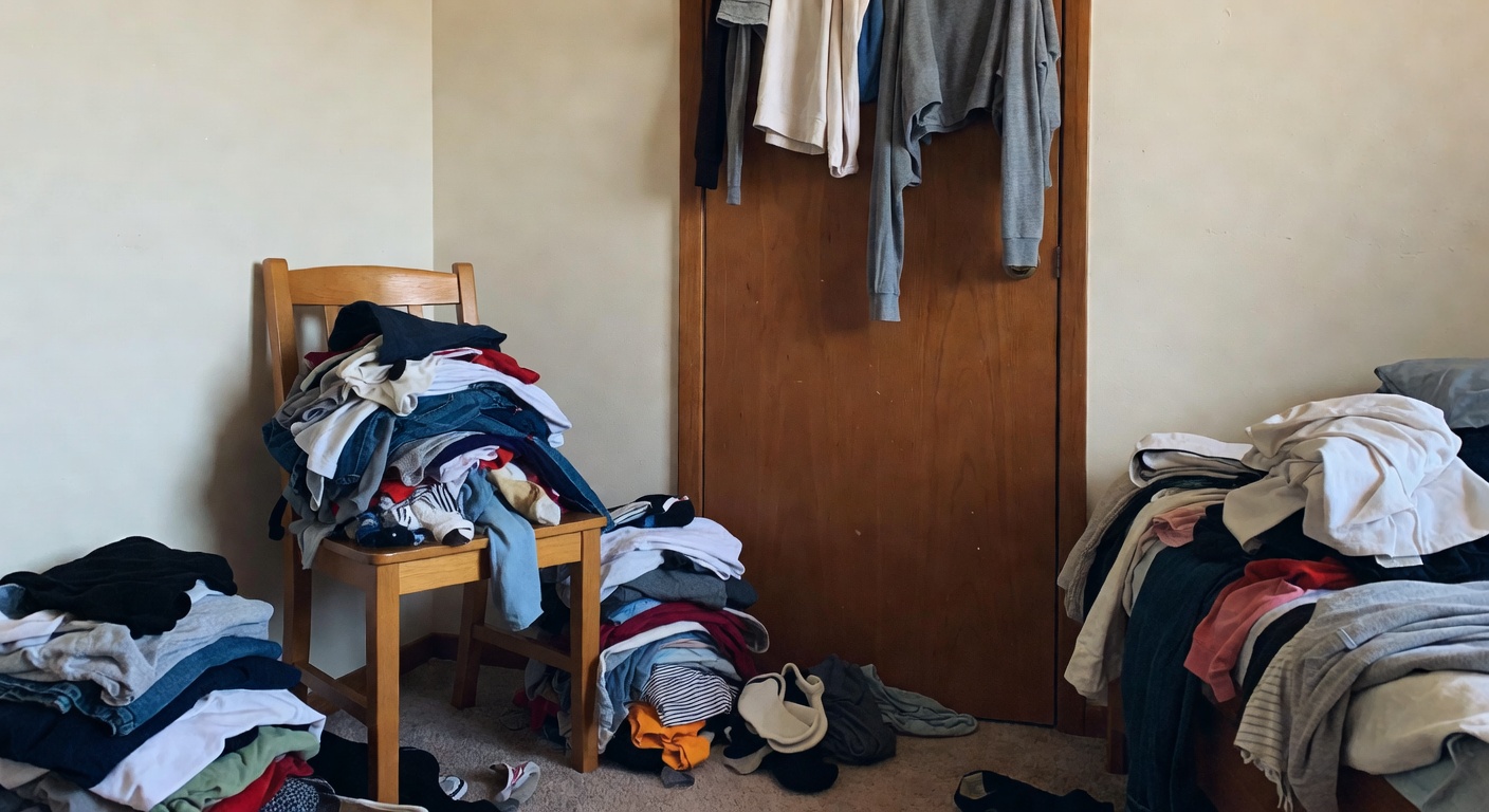 Bedroom corner with clothes piled on the floor and against the wall, no dresser or closet storage visible