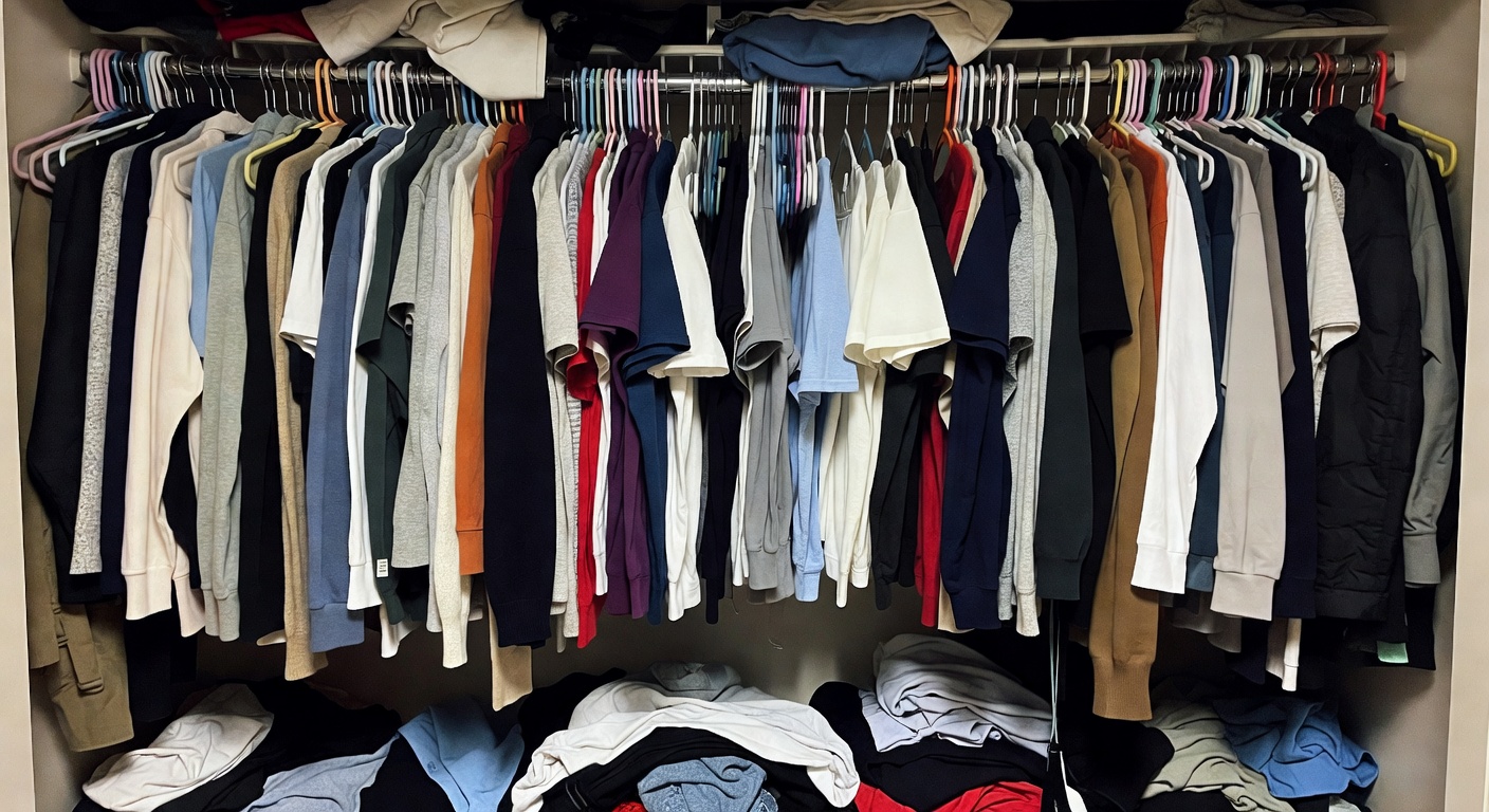 Packed closet rod with clothes crammed together and empty floor space below showing wasted vertical storage opportunity