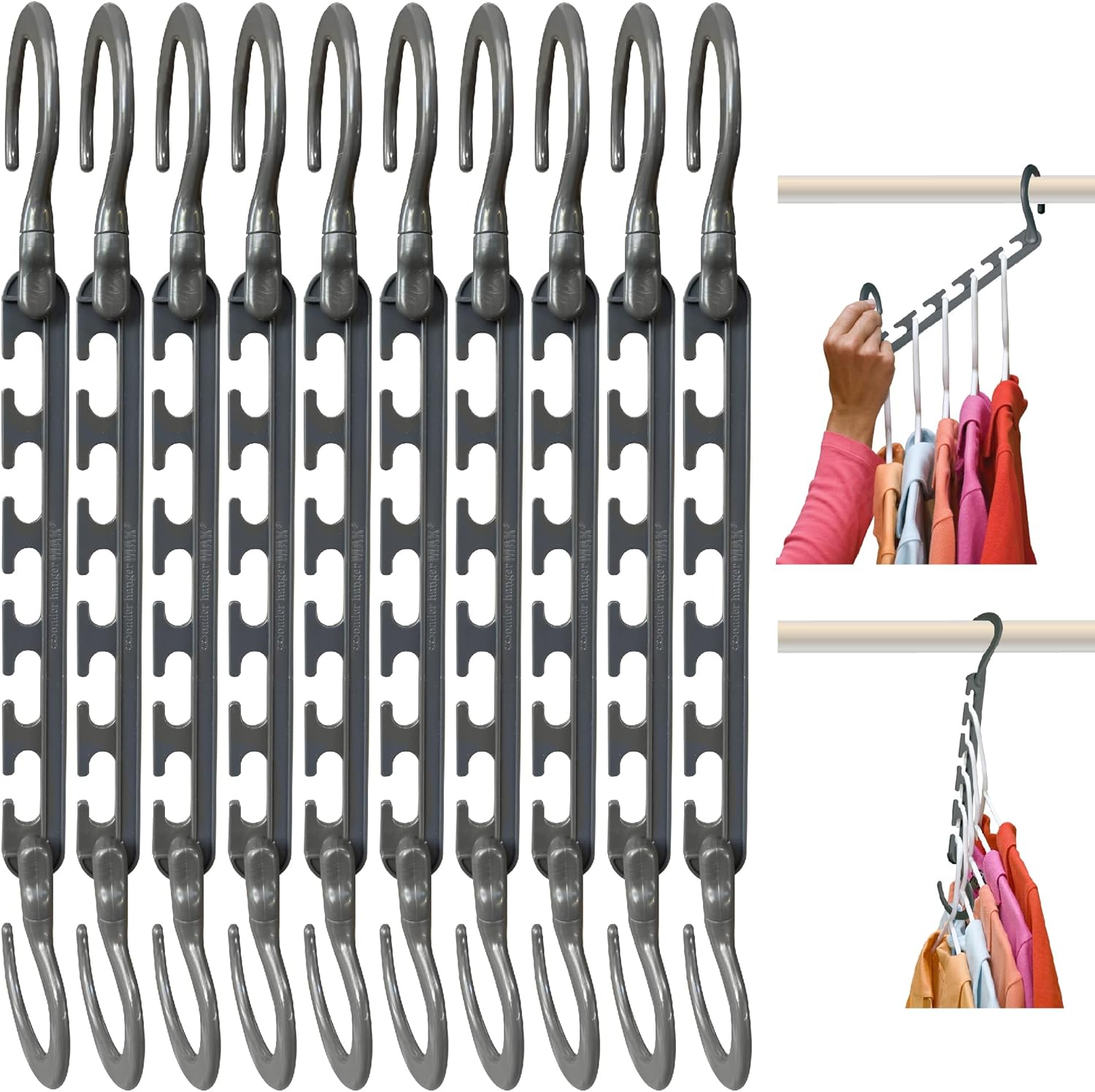 Wonder Hanger Max cascading hangers loaded with shirts and pants organized vertically, showing freed rod space