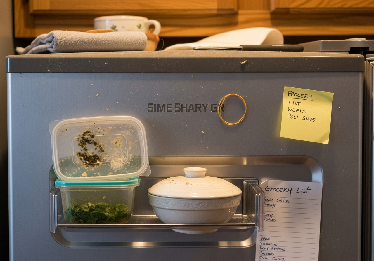 Overstuffed refrigerator back shelf with forgotten food containers and mystery leftovers