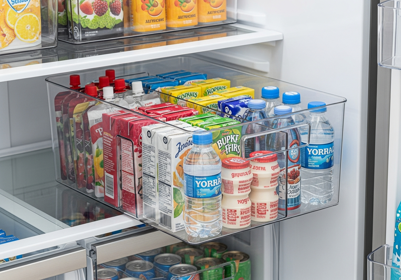 YouCopia-style clear rolling refrigerator caddy pulled out from fridge shelf holding snacks and bottles